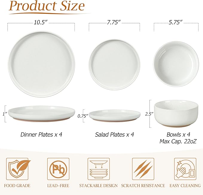 LIANYU 32PC Dinnerware Sets with Silverware for 4, Stoneware Plates and Bowls Dish Set, Stainless Steel Square Flatware Cutlery, Kitchen Dining Dishware, Microwave & Dishwasher Safe, Snowy White