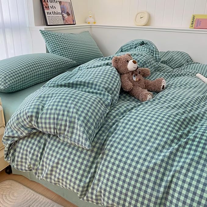 LifeTB Green Gingham Comforter Set Full Size Geometric Plaid Checkered Pattern Comforter Green Grid Plaid Printed Bedding Comforter Set with 2 Pillowcases Fluffy Soft Gingham Bedding Set Breathable