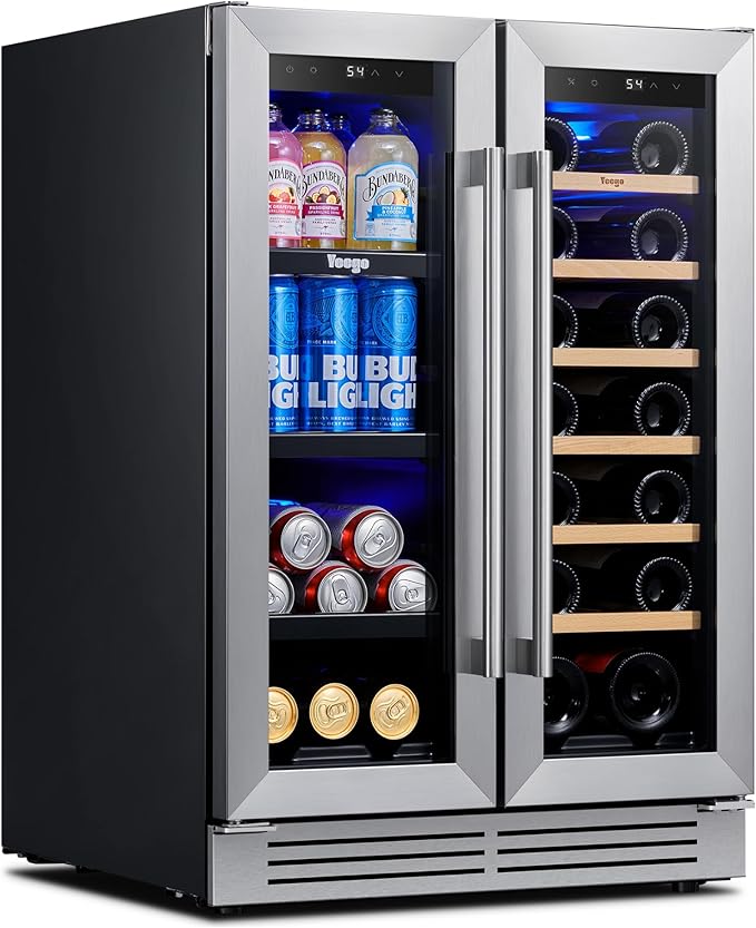 Yeego Wine and Beverage Refrigerator - 24 Inch Dual Zone Wine Fridge 60 Can & 20 Bottle, 36-72°F Cooler Built in Under Counter Fridge with Glass Door for Beer Soda Drink Home Bar Office