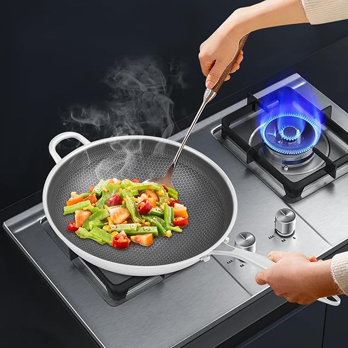14.2 inch Stainless Steel Stir-fry Wok, Cooking Frying Pan, Non Stick Honeycomb Skillet with Stay Cool Handle, Class LId, Suitable for Induction, Ceramic, Electric, and Gas Cooktops