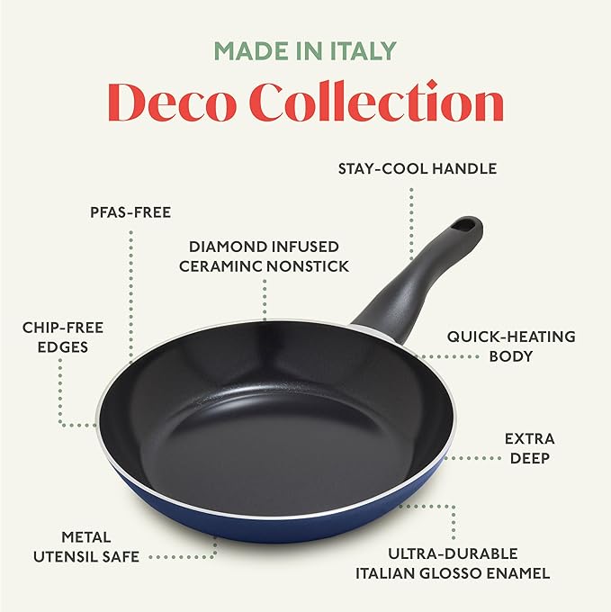 Deco 11??Nonstick Frying Pan Skillet, Made in Italy, Diamond Ceramic PFAS-Free, Dishwasher & Metal Utensil Safe, Durable Gloss Enamel Finish, Stay-Cool Handle, High Walls-Extra Room, Blue
