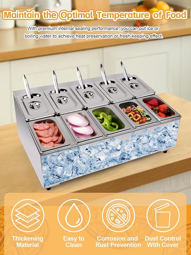 Lanstics Pizza Topping Station 10 Pans Pizza Storage Container Topping containers with Lids Spoon Condiment Organizers Buffet Containers Set for Restaurant Pizza Sauce Jam Fruit Ingredient