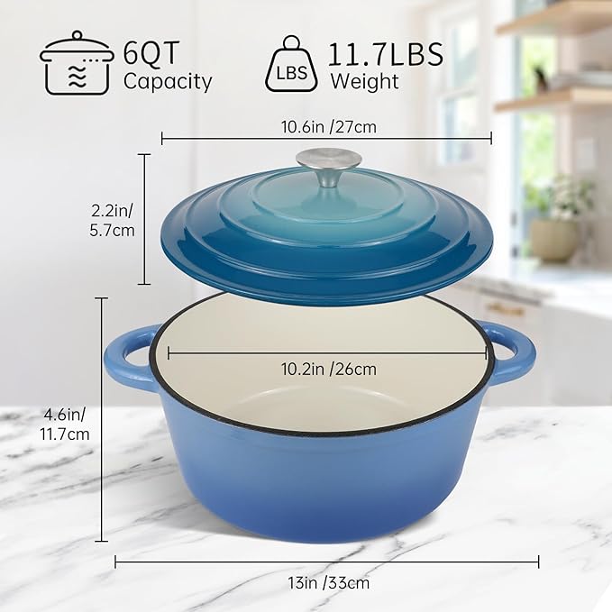 6 Quart Enameled Cast Iron Dutch Oven Pot with Lid and Silicone Accessories, Oven Safe up to 500째F or on Stovetop, Non-stick Dutch Oven for Bread Baking, Cooking, Dual Handles Cookware, Light Blue