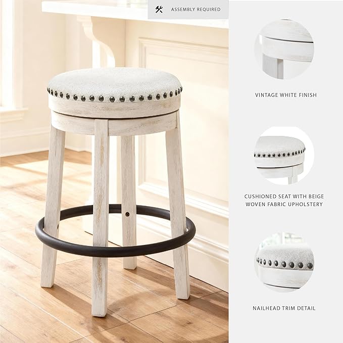 Signature Design by Ashley Valebeck Casual Upholstered Swivel Stool, Round Metal Footrest, Nailhead Trim Detail, Wood, 24", White & Black
