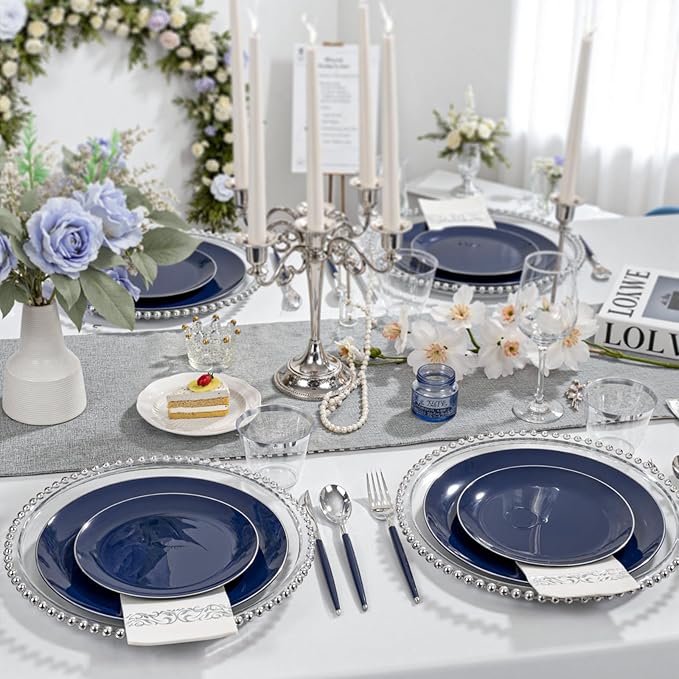 KIRE 175Pcs Blue Plastic Plates with Silver Rim & Disposable Silverware with Blue Handle & Silver-rim Cups & Hand Napkin & Plastic Dinnerware for Parties/Wedding