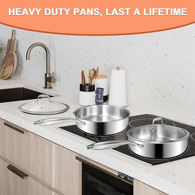 EWFEN 12 Inch Tri-Ply Stainless Steel Frying Pan, Deep Frying Pan with lids, Compatible with All Cooktops Up to 600?? Induction Cooking Pan, Dishwasher and Oven Safe, Fast & Even Heat