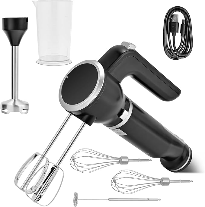 Pukomc Hand Mixer,5-in-1 Multifunctional Portable Charging Device Hand Blender,with lmmersion Blender and Beater,Whisk,Milkshake Bars,Blender Vessel,Easy to Clean