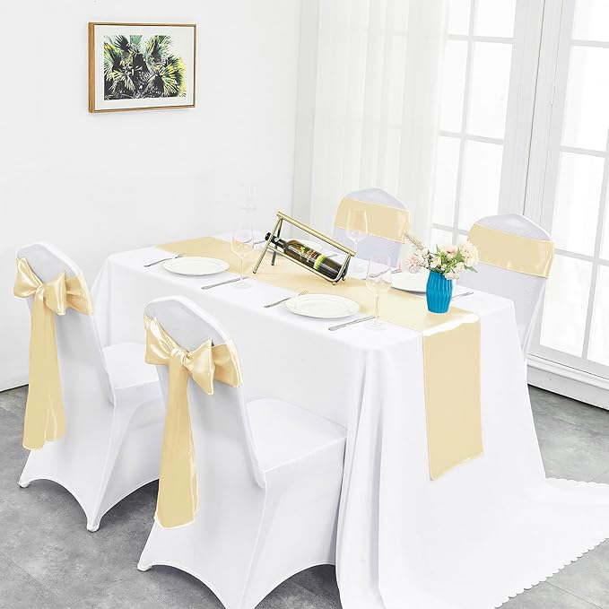 Pufogu 10-Pack Champagne Satin Table Runner 12 x 108 Inch Long Bright and Smooth Silk Fabric Table Runner for Wedding Banquet Birthday Party Decoration