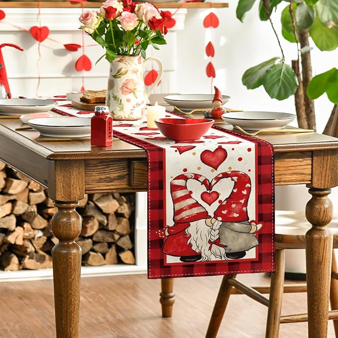 Artoid Mode Red Watercolor Hearts Gnomes Love Valentine's Table Runner, Seasonal Anniversary Wedding HoliKitchen Dining Table Decoration for Indoor Outdoor Home Decor 13 x 90 Inch