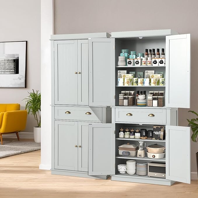 72" Kitchen Pantry Storage Cabinet, Freestanding Cupboard with 2 Cabinets, Drawer and Adjustable Shelves, Tall Storage Cabinet for Kitchen, Dinning Room, Living Room (Light Grey)