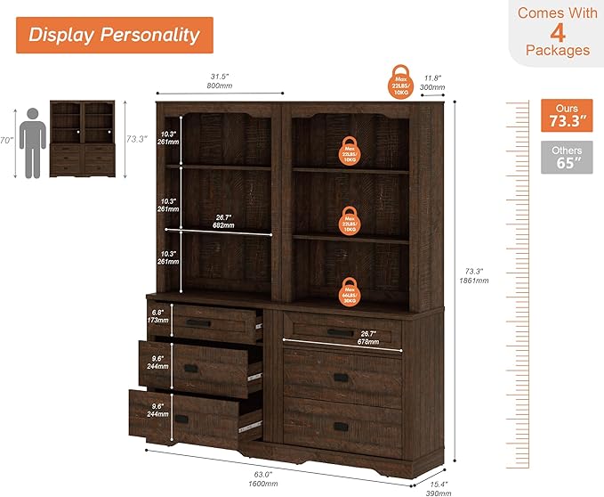 WAMPAT 2 Column 3 Tier Pantry Cabinet with Drawer,73.3" Tall Floor Standing Cupboard,Modern Farmhouse Display Kitchen Buffet with Adjustable Shelves for Dining Room,Living Room,Rustic Brown