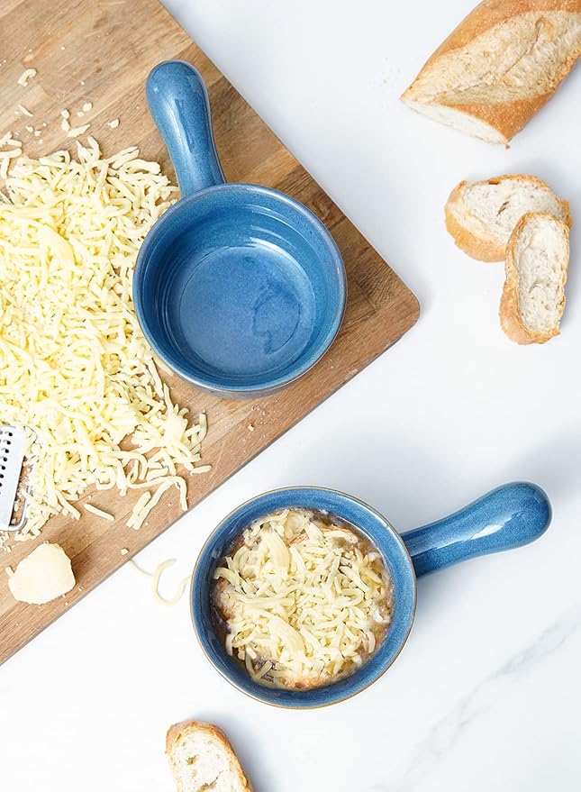 LE TAUCI Soup Bowls with Handle, 15 Oz Ceramic French Onion Soup Bowls, Large Soup Crocks Oven Safe for Stew, Onion, Soup, Chilli, Set of 4, Ceylon Blue