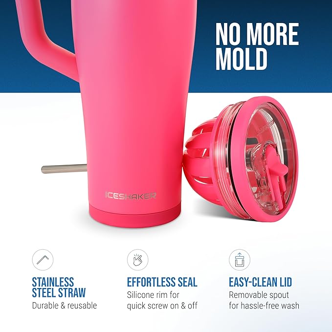 Ice Shaker 40 oz Tumbler with Handle and Straw | 40oz Neon Pink | Cold for 30+ Hours | 2-in-1 Tumbler Shaker Bottle | Odor-Free 40 ounce Bottle for Water, Protein Shakes, Smoothies, Cocktails