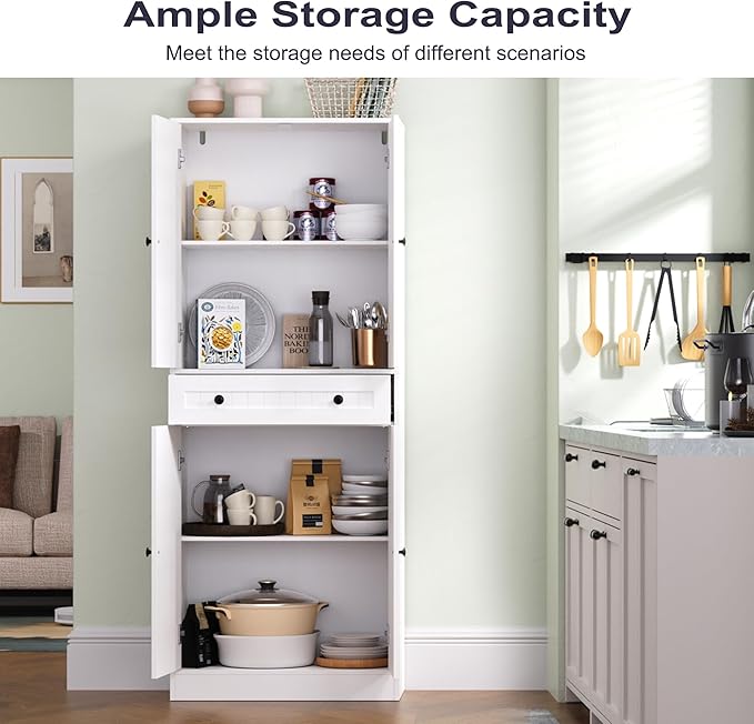 Kitchen Pantry Storage Cabinet, 71" H Farmhouse Pantry Cabinet with 4 Doors & Drawer, Freestanding Cupboard with Adjustable Shelves, Rustic Wood Cupboard for Kitchen, Dining Room, White