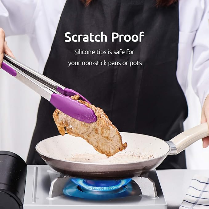 U-Taste Kitchen Tongs, 7/9/12 inches Cooking Tongs, with 600쨘F High Heat-Resistant Non-Stick Silicone Tips, 18/8 Stainless Steel Handle, for Food Grill, Salad, BBQ, Frying, Serving, Pack of 3(Purple)
