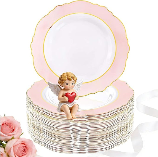 WDF 60pcs Pink Plastic Plates - 10.25inch Baroque Pink And Gold Disposable Dinner Plates for Upscale Parties -Special for Valentine's Party, Wedding, Birthdays