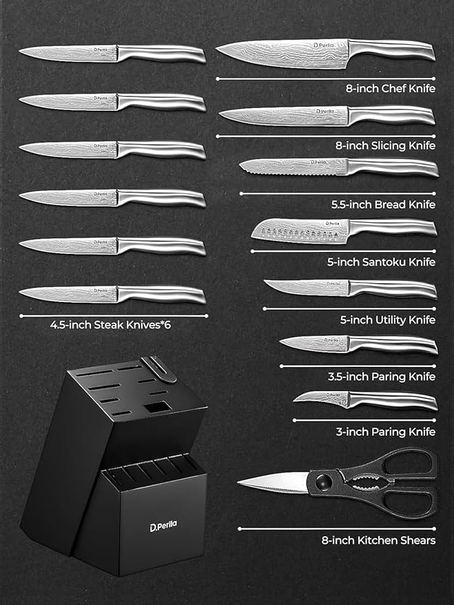 Knife Set, 16 PCS D.Perlla Kitchen Knife Set with Block and Sharpener, High Grade Stainless Steel Knife Set, Ultra Sharp & Rust Resistant Knives, Black