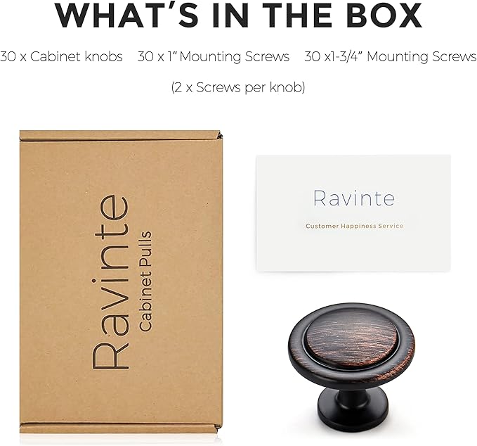 Ravinte 30 Pack 1-1/4 inch Kitchen/ Dresser/ Drawer Oil-Rubbed Bronze Pulls, Door Handles Knobs