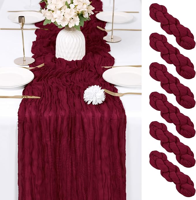 RealBox 6 Pack Burgundy Cheesecloth Table Runner 17x108 Inch Semi Sheer Boho Gauze Cheese Cloth Fabric Table Runners Table Decor for Wedding Party Baby Shower Birthday Home Decor Garden Farmhouse