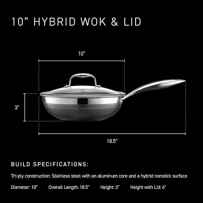HexClad Hybrid Nonstick 10-Inch Wok with Stainless Steel Lid, Stay-Cool Handle, Dishwasher-Friendly, Oven-Safe Up to 900째F, Induction Ready, Compatible with All Cooktops