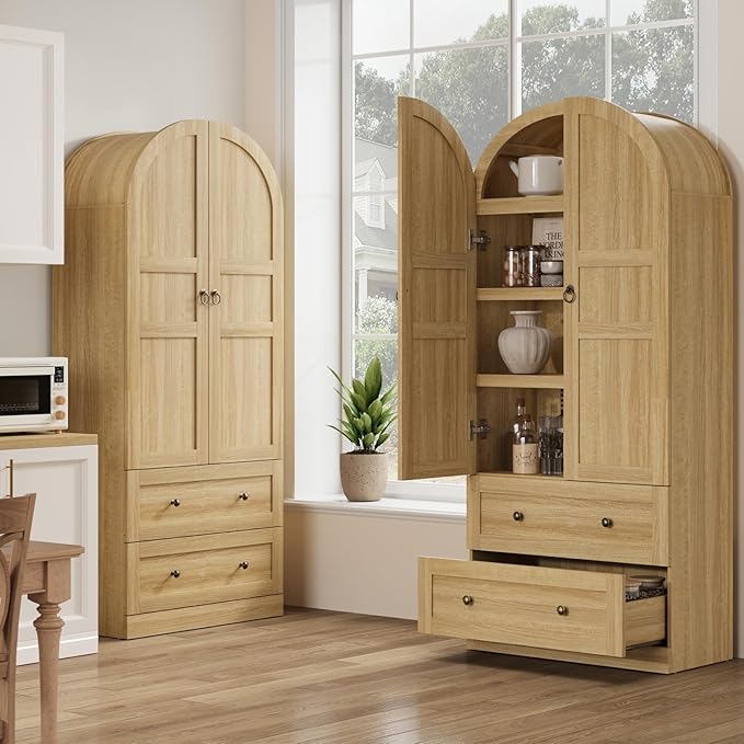 GAOMON 72" Arched Kitchen Pantry Cabinet, Wooden Freestanding Storage Cupboard with Doors, Drawers & Adjustable Shelves, Versatile Farmhouse Pantry for Dining and Living Room, Natural