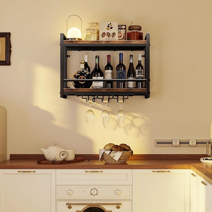 Homeiju Wall Mounted Wine Rack, Bottle & Glass Holder Wood-Metal Retro Wine Rack, Wine Bottles Display Wall Storage for Kitchen Dining Room Home Bar