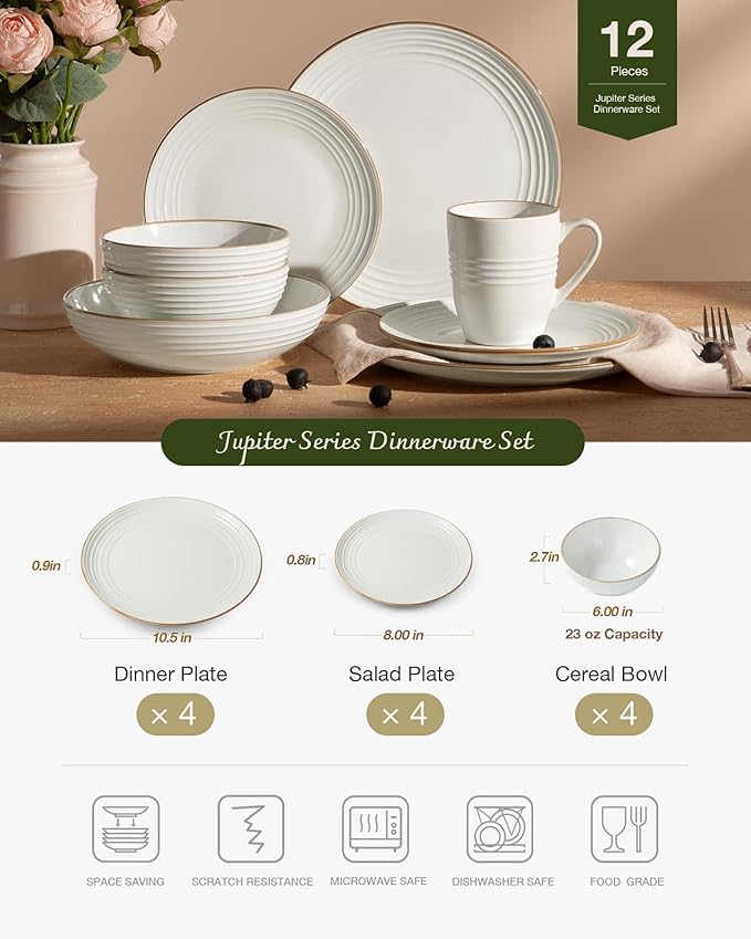 Famiware Jupiter Dinnerware Set, Plates and Bowls Dish Sets for 4 (12 Pieces), Microwave and Dishwasher Safe Stoneware Speckled Tableware, Chip and Scratch Resistant, White
