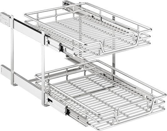 2-Tier Kitchen Cabinet Pull Out Shelf and Drawer Organizer Slide Out Pantry Storaqe Basket in Multiple Sizes (19" W x 21" D)