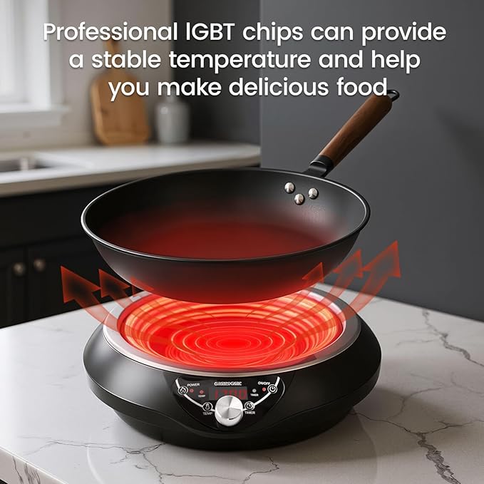 Induction Wok Cooktop Set, 2025 New & Improved Electric Skillet Induction Burner w/Carbon Steel Wok, Glass Vented Lid, Rack, 176째F to 464째F, 18 Hrs Timer, Auto-off (Black 110V~120V)