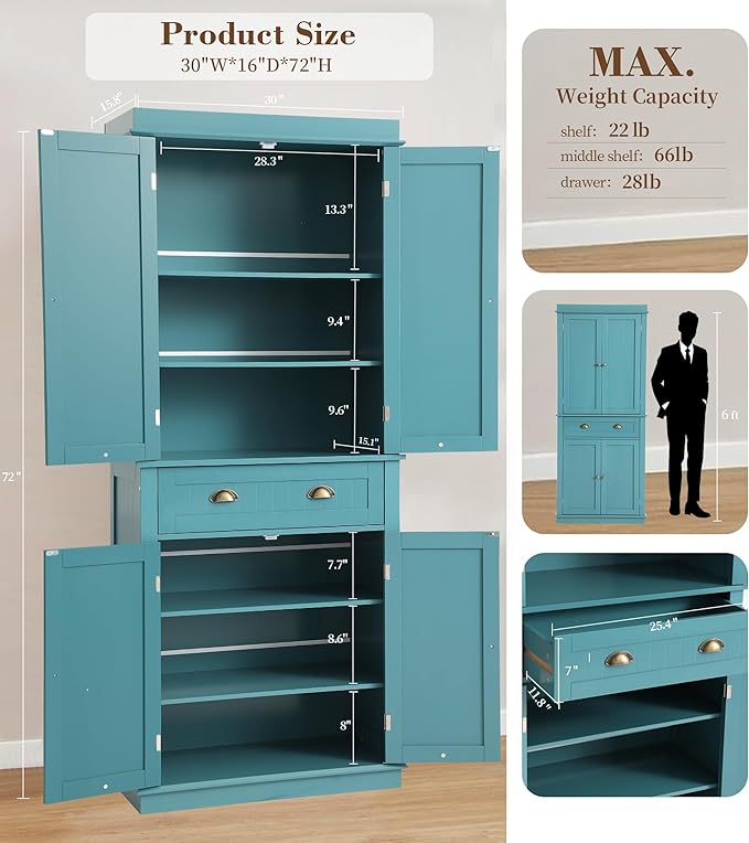 KIGOTY 72" Tall Kitchen Pantry Cabinet with Drawer and 4 Adjustable Shelves, Freestanding Pantry Storage Cabinets, Wood Cupboard Pantry Cabinet for Kitchen, Dining Room, Living Room, Turquoise