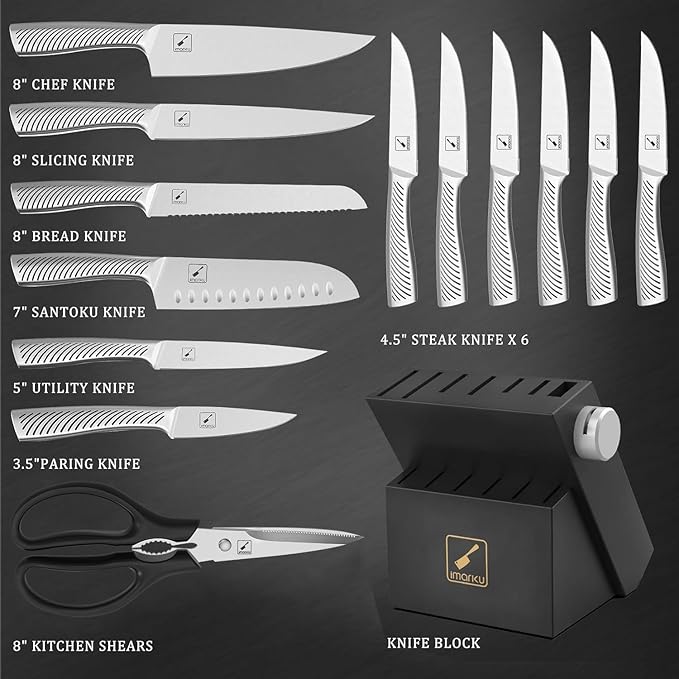 imarku Knife Block Set, 14Pcs High Carbon Stainless Steel Knife Set with Block, Kitchen Knife Set Black, Dishwasher Safe, Build-in Sharpener