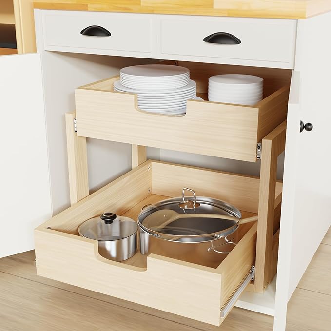 Pull Out Cabinet Organizer, 26''W횞21''D횞16''H Soft Close Slide Out Wooden Pull out Drawers, Double Tier Slide out Wood Cabinet Organizer, for Base Cabinet Organization in Kitchen, Pantry, Bathroom