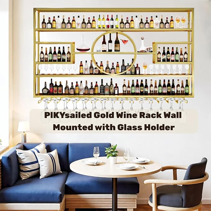 59" Metal Wine Rack Wall Mounted, Multi Functional Bar Shelves for Liquor Bottles with Glass Holder, Modern Wood Bar Shelves Wall Mounted for Home Bar & Dining Room, Gold(57" Height)