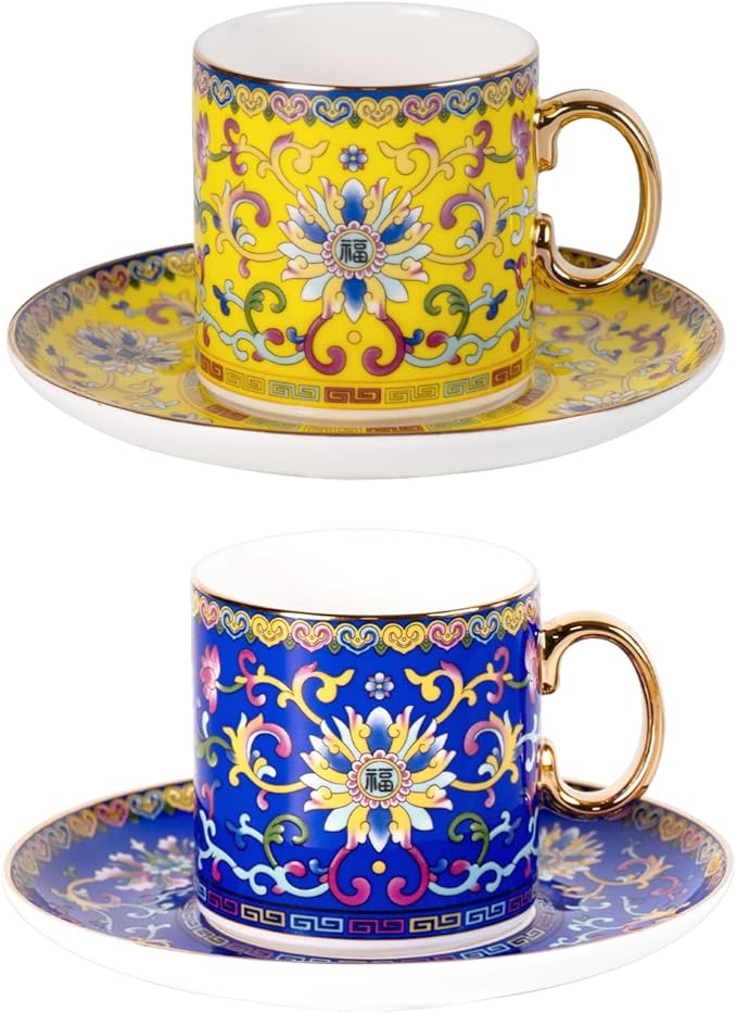 KAMMAK Tea Cups and Saucers Set of 2, Porcelain Coffee Cups with Saucer for Espresso, Cappuccino, 7oz Vintage Yellow and Blue Ceramic Novelty Mug for Home, Tea Party, Office