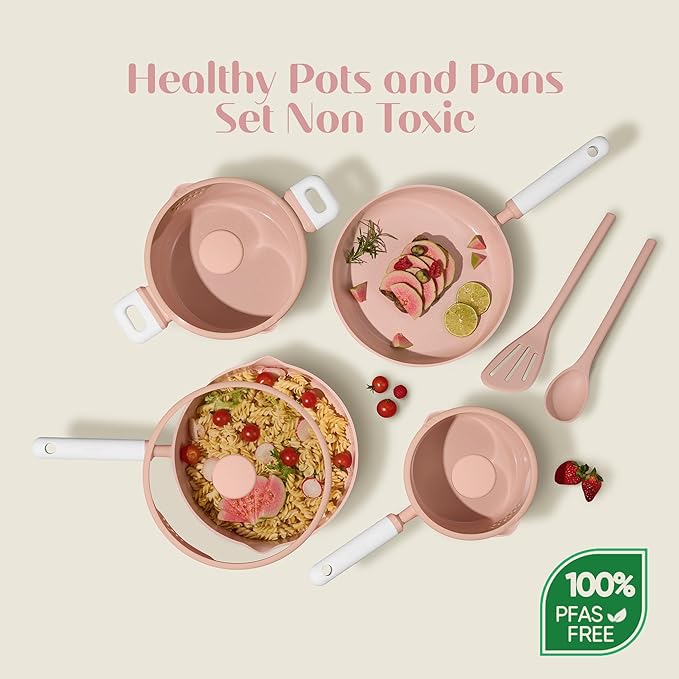 CAROTE Pots and Pans Set Nonstick, Ceramic Cookware Set, Pink Cooking Set Kitchen Induction Set with Steamer, PFAS PTFE Free,9 Piece