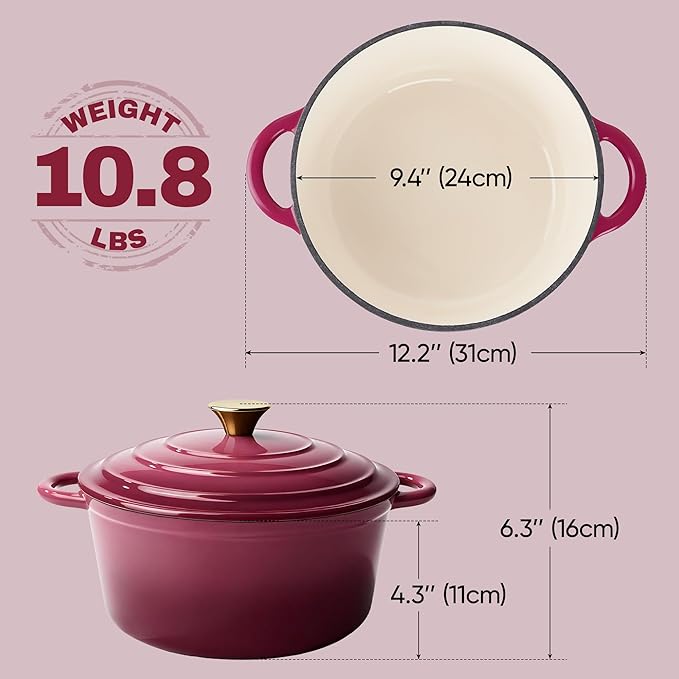 Vintage Style 4.5 Quart Dutch Oven Pot with Lid, Non Stick Enameled Cast Iron Dutch Oven for Bread Baking, Heavy-Duty, Oven Safe Ceramic Cookware Up to 500째F for Baking, Braising, Stews, Roasting, Rose