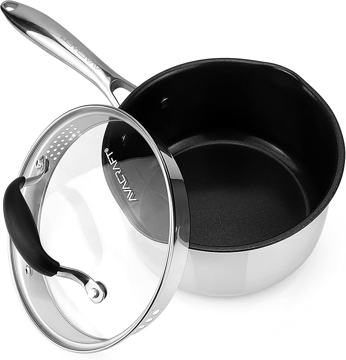 AVACRAFT Nonstick Saucepan with Glass Lid, Strainer Lid, 100% PTFE, PFOA Toxins Free, Two Side Spouts for Easy Pour, Multipurpose Ceramic Sauce Pot (2.5 QT Non-Stick Saucepan)