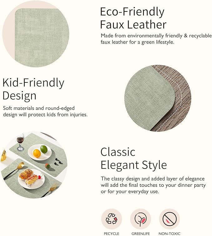 Maxpearl Faux Leather Placemats Set of 8 ??Waterproof, Wipe Clean, Heat Resistant, Non-Slip Dining Table Mats for Indoor & Outdoor Use, 17?씳?2?? Sage Green