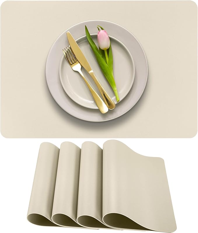 More D챕cor Faux Leather Placemats Set of 4 for Dining Table ??Waterproof, Wipeable, Washable, Stain & Heat Resistant, Non-Slip Table Mats ??12 X 17 Inch, (Solid Ivory, 4)