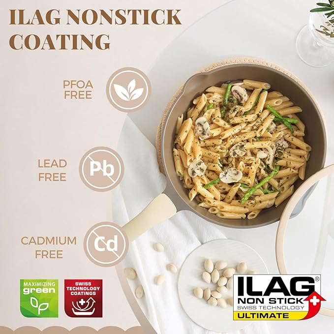 PRICUSIS Nonstick Deep Frying Pan with Glass Lid, 12 Inch (4.8 qt), 5X Durable Nonstick Saut챕 Pan, Scratch & Stain Resistant, PFOA Free, Induction Compatible, Dishwasher & Oven Safe, Natural Linen