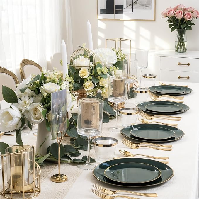 WDF 150Pcs Green Plastic Plates - Green Plates Disposable with Gold Rim - 25Guest Disposable Dinnerware Include 50 Plastic Plate, 75 Gold Cutlery & 25 9oz Cups for St. Patrick's Day