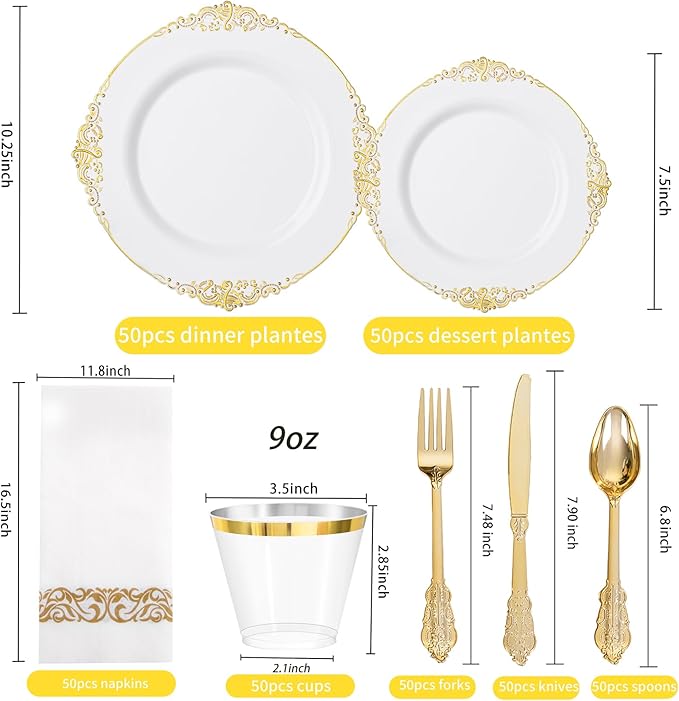 Hioasis 350pcs White and Gold Plates - White Party Plates for 50 Guest, Include 100 Heavy-duty Plates(20% Thicker Than Standard), 150 Cutlery Set, 50 Napkin, 50 Cups