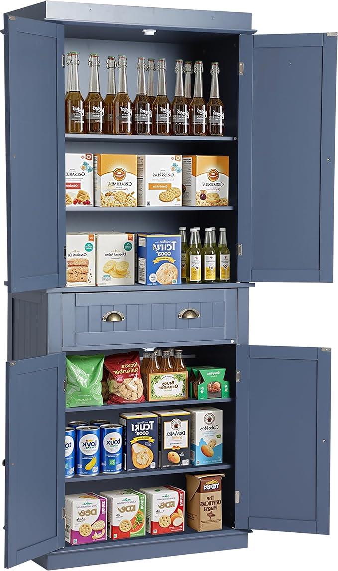 KIGOTY 72" Tall Kitchen Pantry Cabinet with Drawer and 4 Adjustable Shelves, Freestanding Pantry Storage Cabinets, Wood Cupboard Pantry Cabinet for Kitchen, Dining Room, Living Room, Greyish Blue