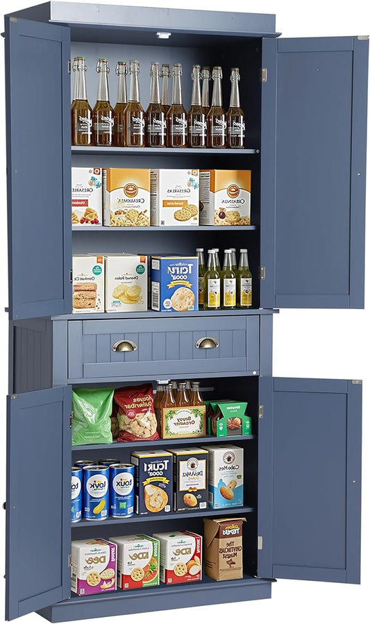 KIGOTY 72" Tall Kitchen Pantry Cabinet with Drawer and 4 Adjustable Shelves, Freestanding Pantry Storage Cabinets, Wood Cupboard Pantry Cabinet for Kitchen, Dining Room, Living Room, Greyish Blue