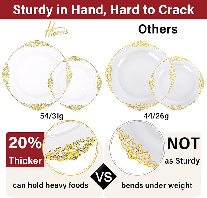 Hioasis 350pcs Clear and Gold Plates - Clear Party Plates for 50 Guest, Include 100 Heavy-duty Plates(20% Thicker Than Standard), 50 Pre Rolled Gold Plastic Silverware Set, 50 Cups