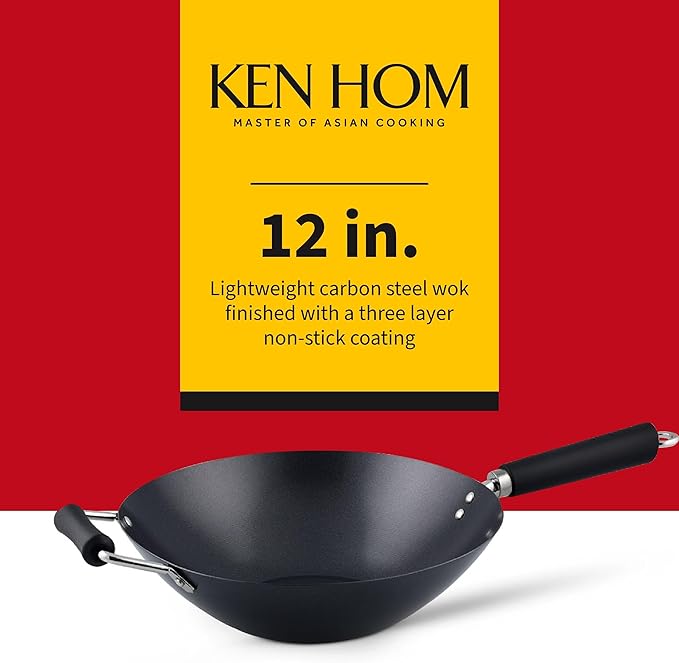 Ken Hom 12" Carbon Steel Nonstick Stir Fry Wok - Soft Touch Helper Handle and Lightweight Flat Bottom Design