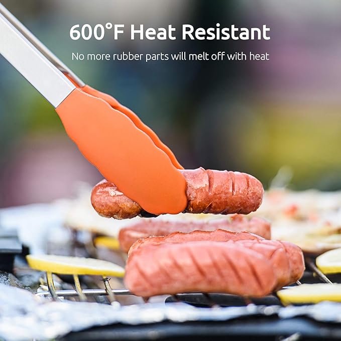 Kitchen Tongs, U-Taste 7/9/12 inches Cooking Tongs, with 600쨘F High Heat-Resistant Non-Stick Silicone Tips, 18/8 Stainless Steel Handle, for Food Grill, Salad, BBQ, Frying, Serving, Pack of 3(Orange)