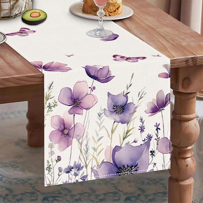 ZCHOMI Purple Flowers Table Runner 13x72 Inch Spring Summer Seasonal Kitchen Dinning Table Decoration for Indoor Outdoor Home Party D챕cor