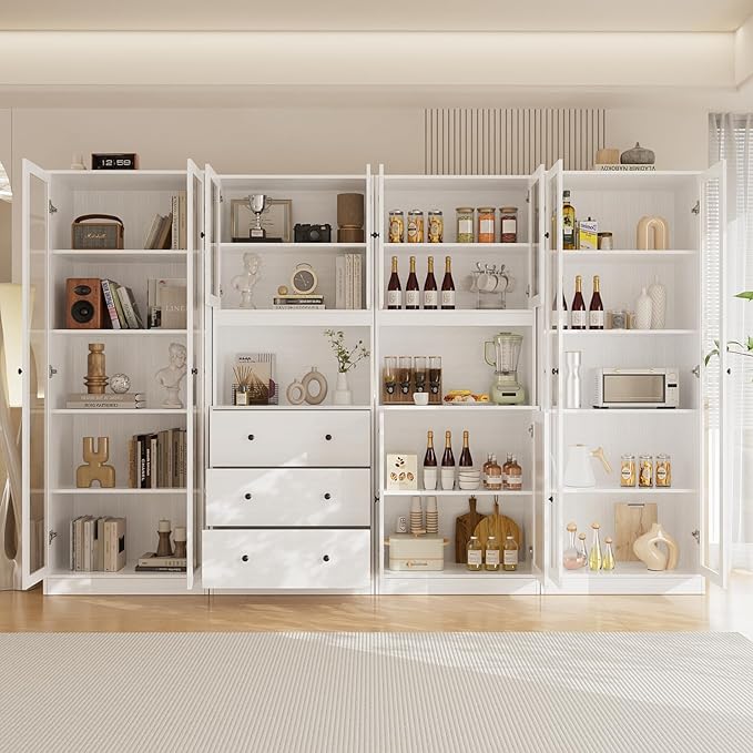 VOWNER 4PCS Bookshelf and Bookcase, 5-Tier Modern Bookshelves with 3 Large Drawer, Glass Display Cabinet with Lager Storage Shelf, Combination Storage Shelves for Home Office, White (AACC)