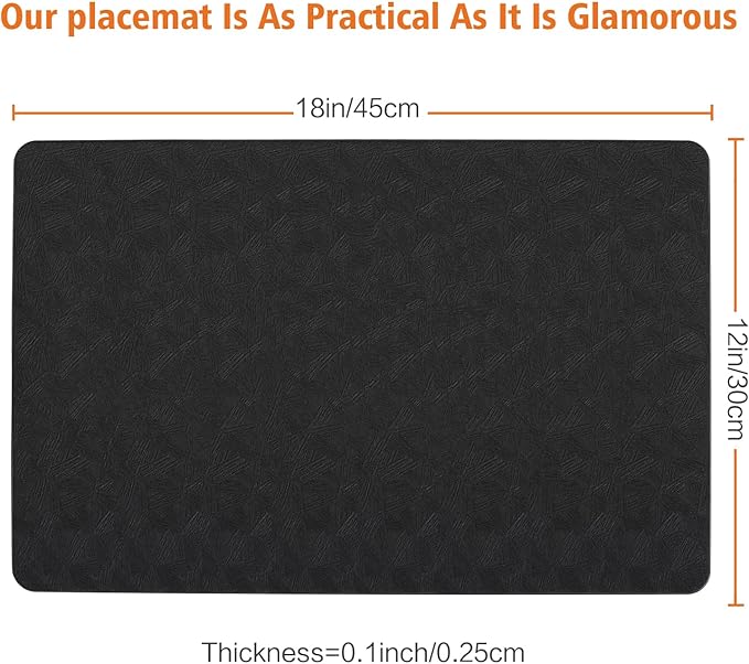 Bxzandya Vinyl Placemats Set of 4 Heat Resistant Easy Clean Non-Slip Place Mats for Dining Table. Faux Leather Waterproof Stain Resistant Wipeable Washable PU Table Mats(4, Black)